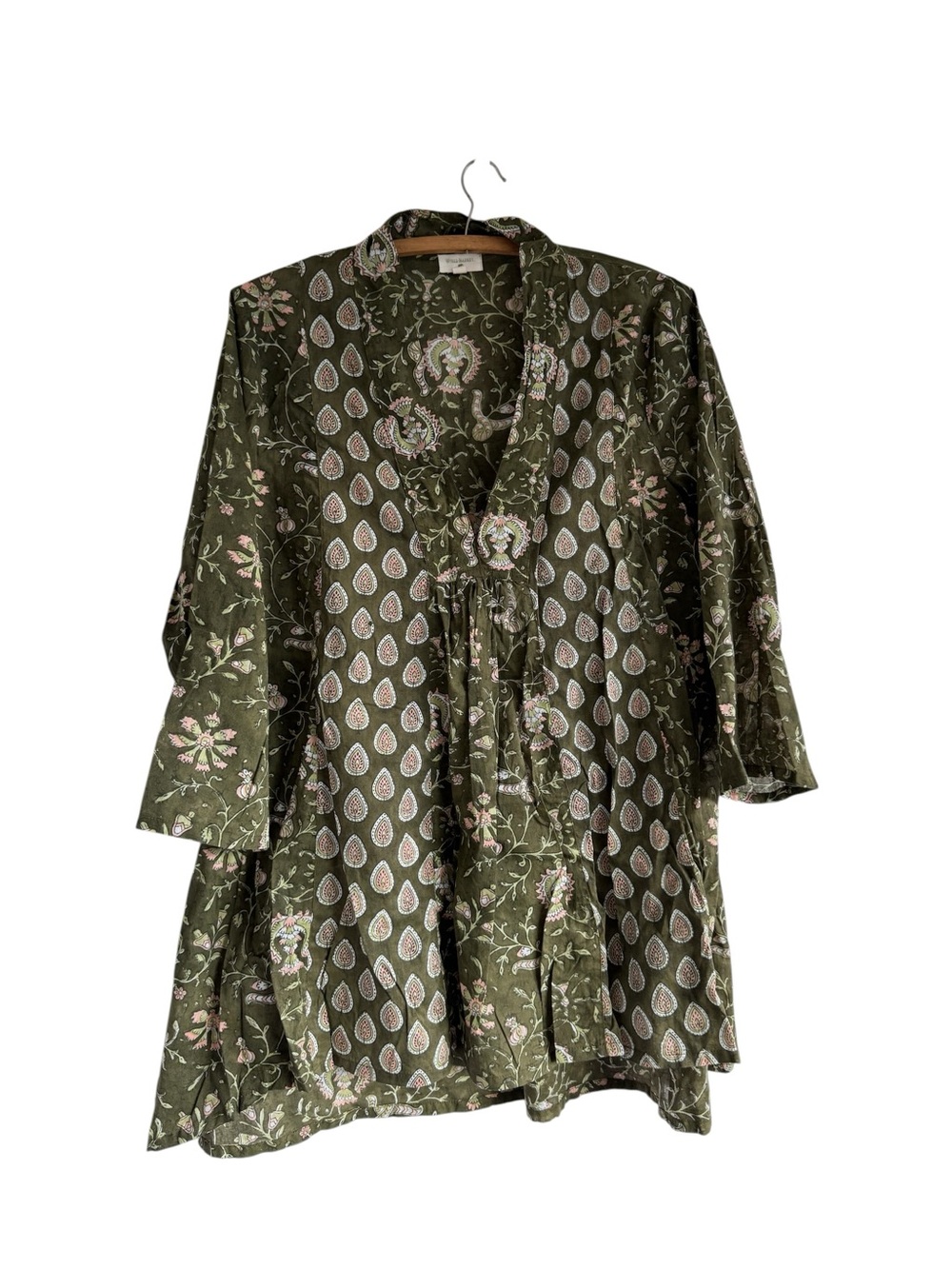 World Market Olive Green Floral Blockprint Soft Cotton Tunic Size S/M